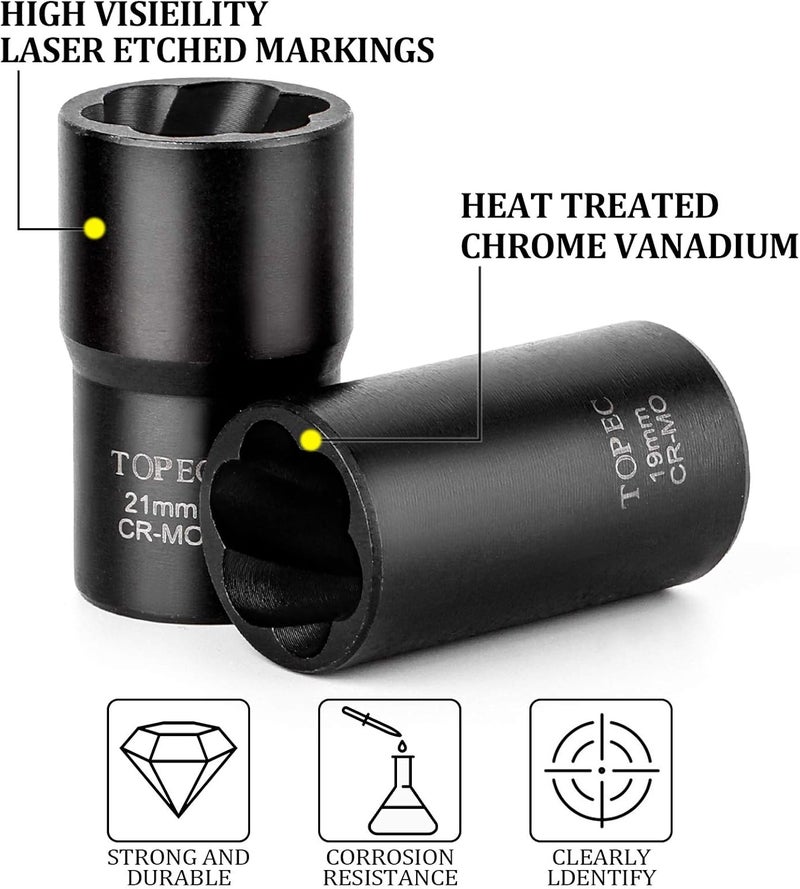 Topec 19mm Lug Nut Remover, Wheel Lock Removal Kit for Stripped Bolt & Rounded Nut, 1/2" Drive - Image 5